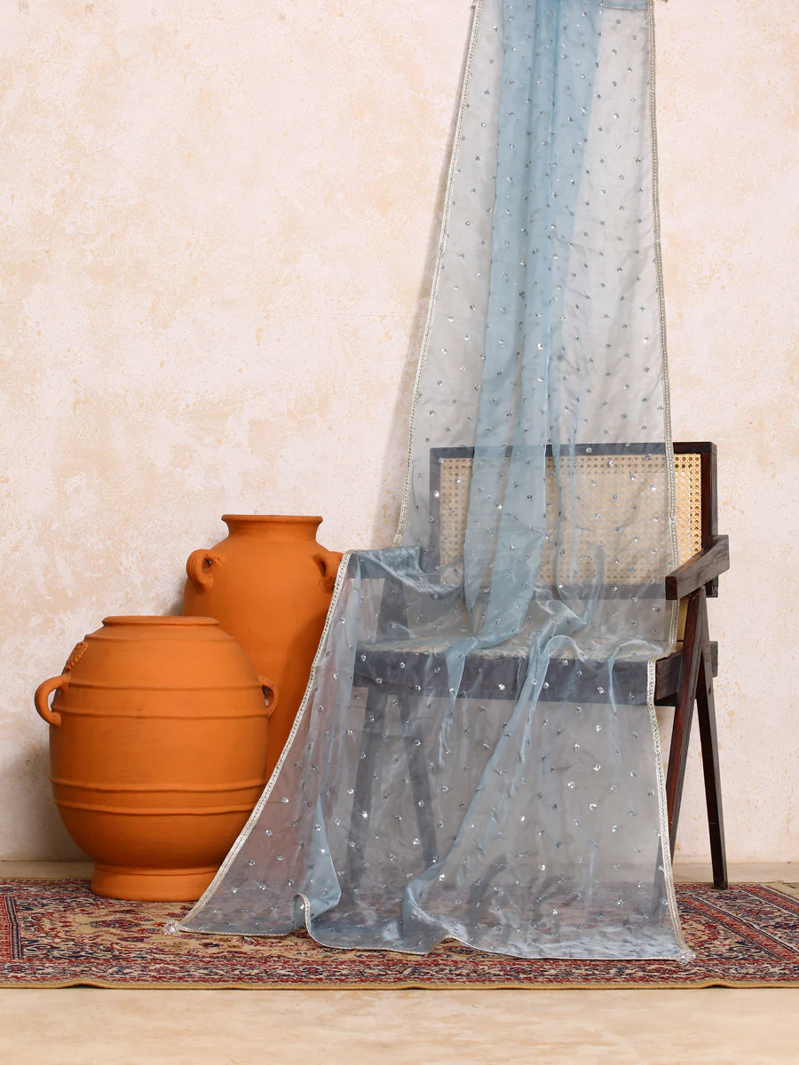 Neelima x Tyohaar | Sequined Light Blue Organza Dupatta