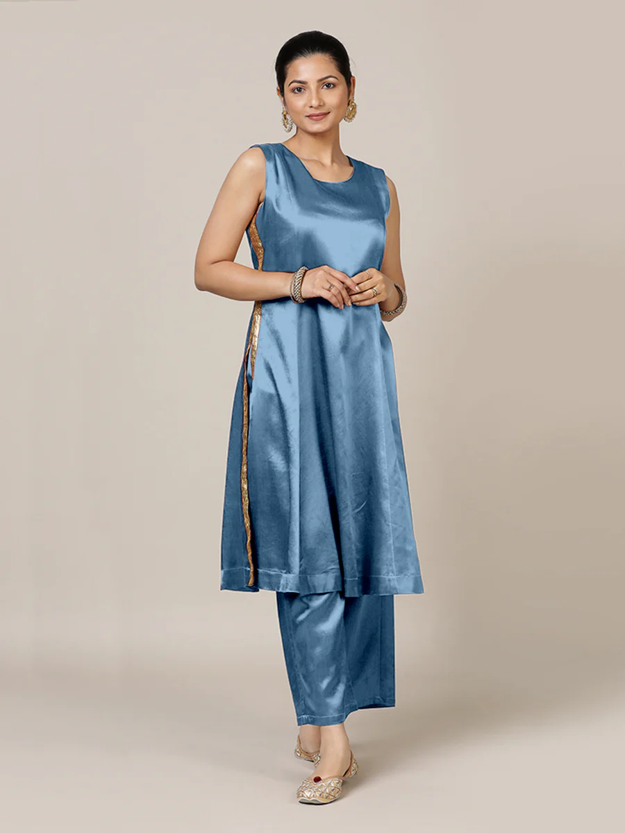 Gulnaaz x Tyohaar | Ice Blue Mashru Silk Panelled Kurta with Crushed Golden Gota Detailing | Coords or Only Kurta