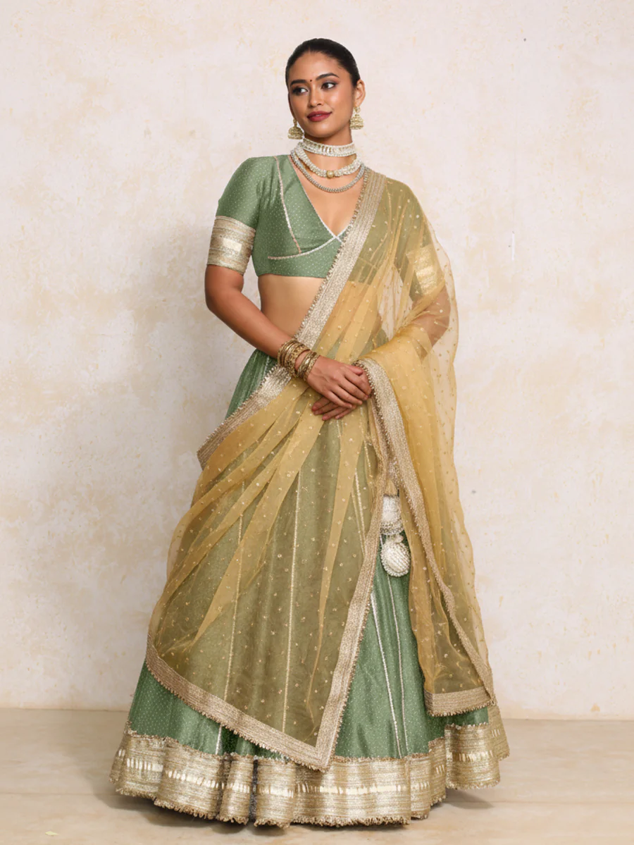 Mehreen x Tyohaar | Green Foil Chandheri FlareFit™ Lehenga Set with Dupatta