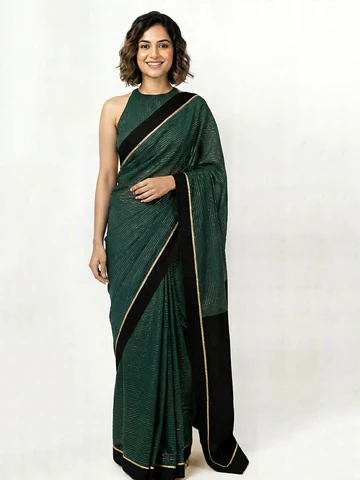 Dhwani x Rozaana | Dark Green With Black Contrast Saree In Silver Striped Pure Cotton