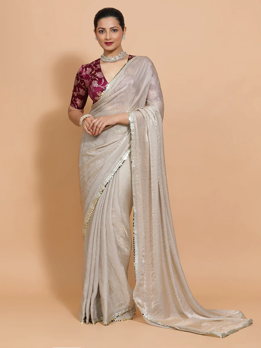 Shanaya x Tyohaar | Silver Grey Tissue Saree with Ready-to-Wear Option